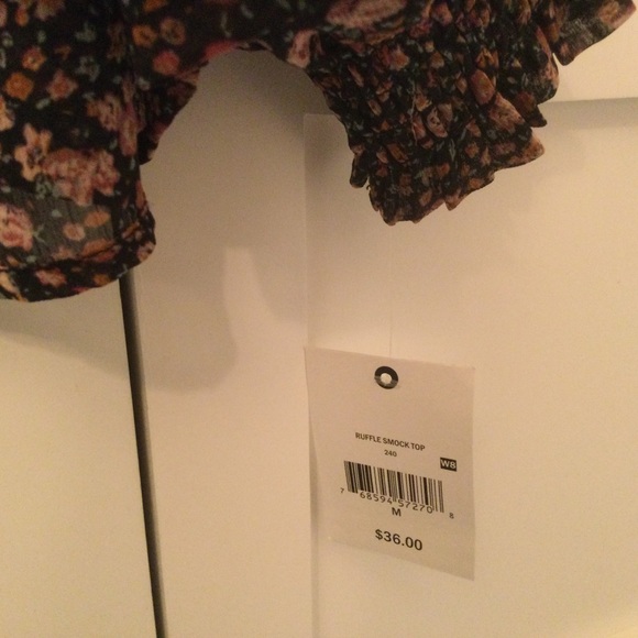 Dark Floral Semi-Sheer Smocked High Neck Ruffle Shoulder Blouse NWT - Picture 7 of 7